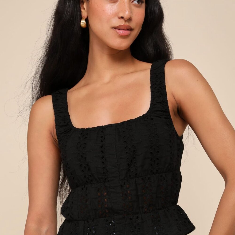 Lulus Darling Perspective Black Eyelet Embroidered Sleeveless Top - Size XS